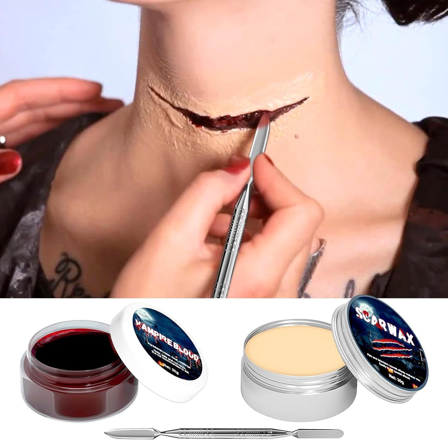 Maquillaje Sangre Halloween, Sangre Falsa Halloween, Kit Maquillaje De Halloween, Halloween Cicatrices Falsas, Cera Para La Cicatriz, Espátula, Halloween Maquillaje Vampiro