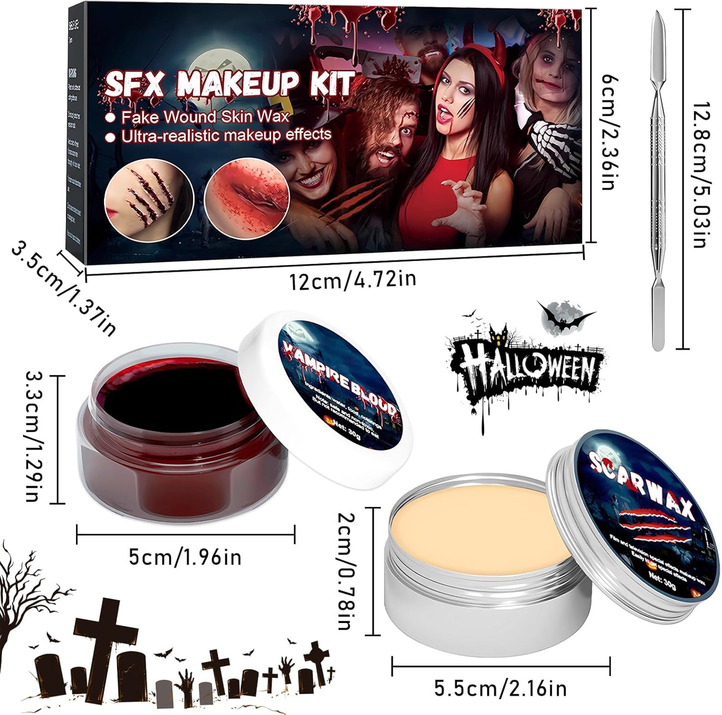 Maquillaje Sangre Halloween, Sangre Falsa Halloween, Kit Maquillaje De Halloween, Halloween Cicatrices Falsas, Cera Para La Cicatriz, Espátula, Halloween Maquillaje Vampiro
