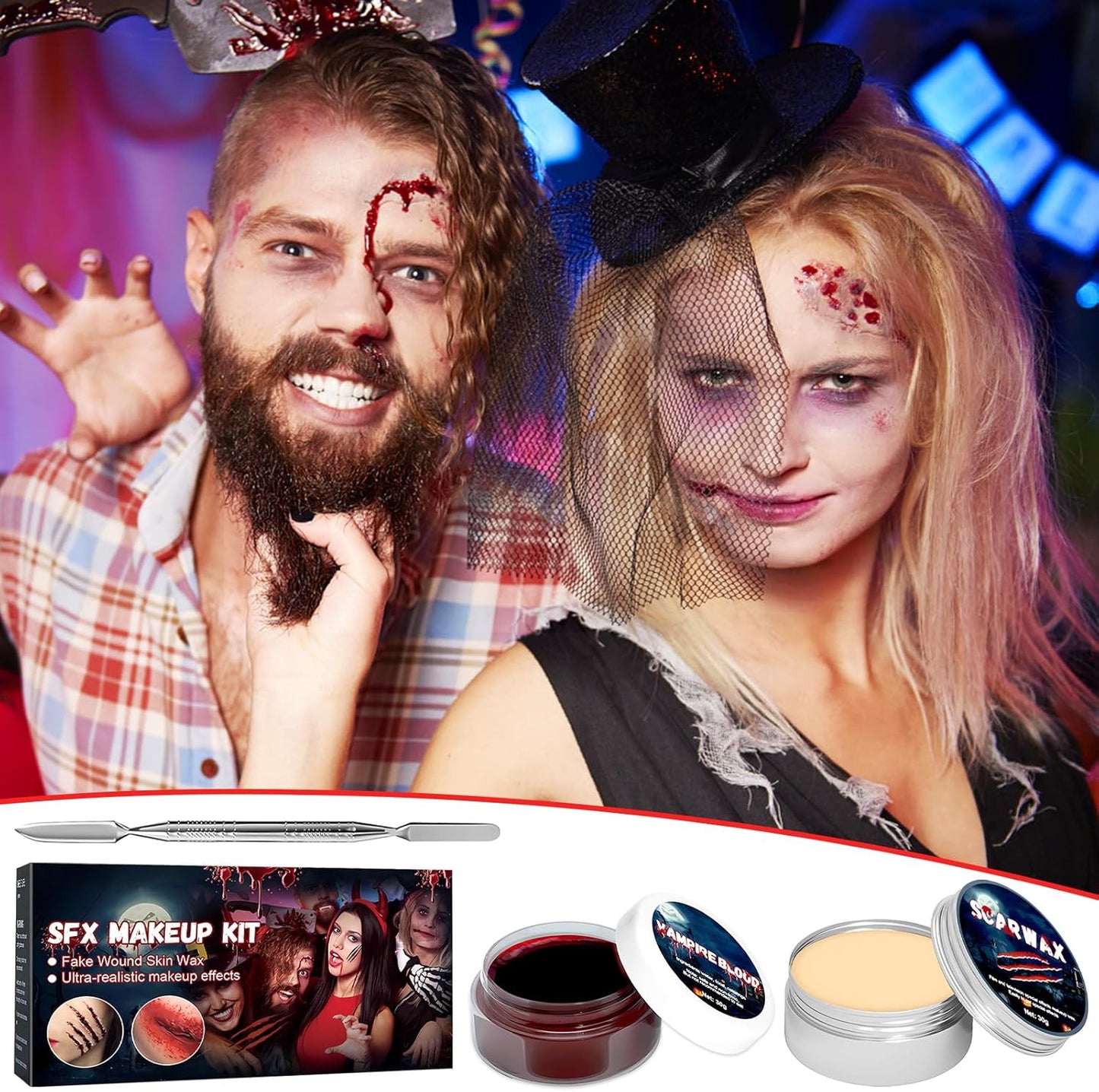 Maquillaje Sangre Halloween, Sangre Falsa Halloween, Kit Maquillaje De Halloween, Halloween Cicatrices Falsas, Cera Para La Cicatriz, Espátula, Halloween Maquillaje Vampiro