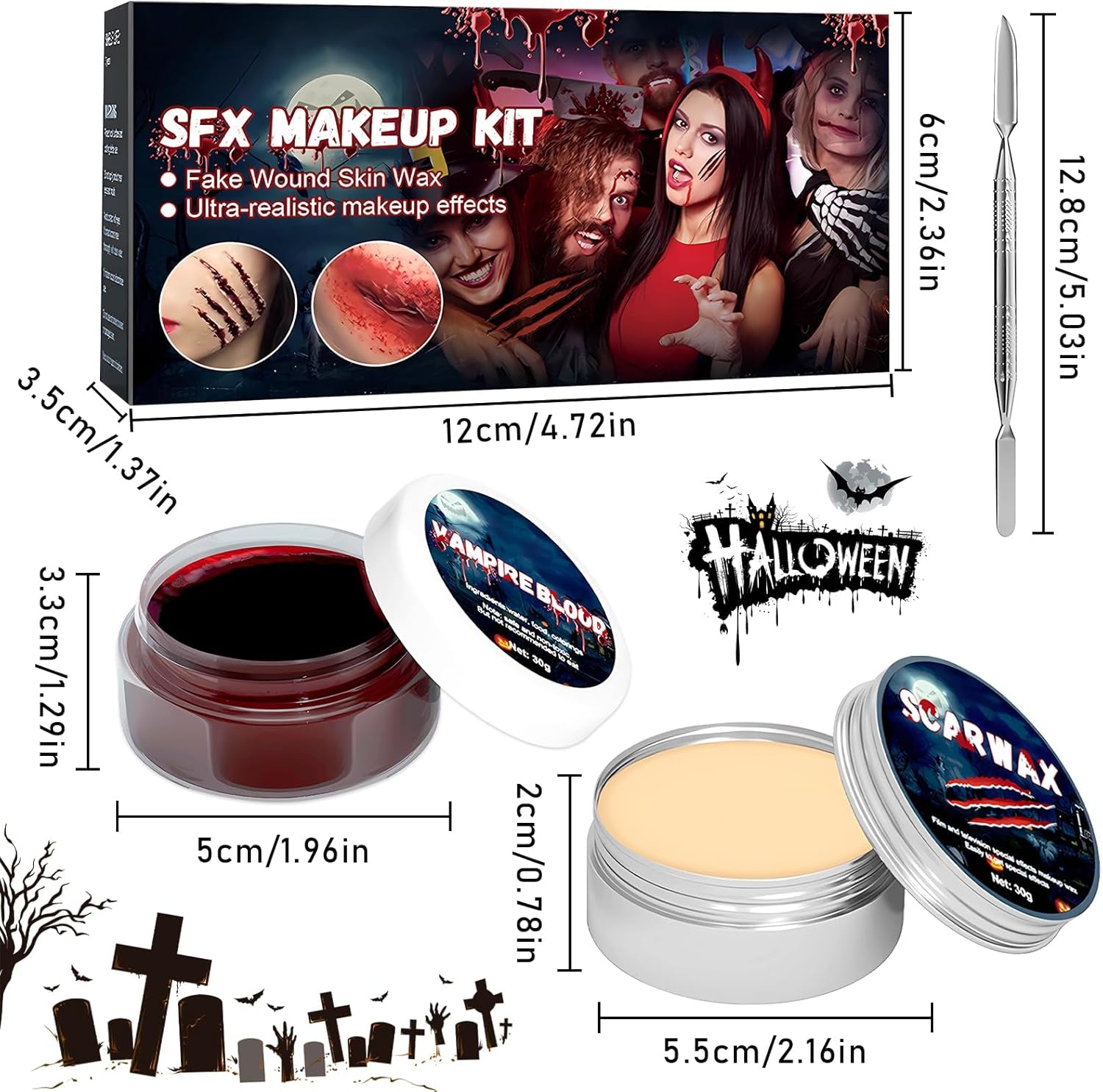Maquillaje Sangre Halloween, Sangre Falsa Halloween, Kit Maquillaje De Halloween, Halloween Cicatrices Falsas, Cera Para La Cicatriz, Espátula, Halloween Maquillaje Vampiro